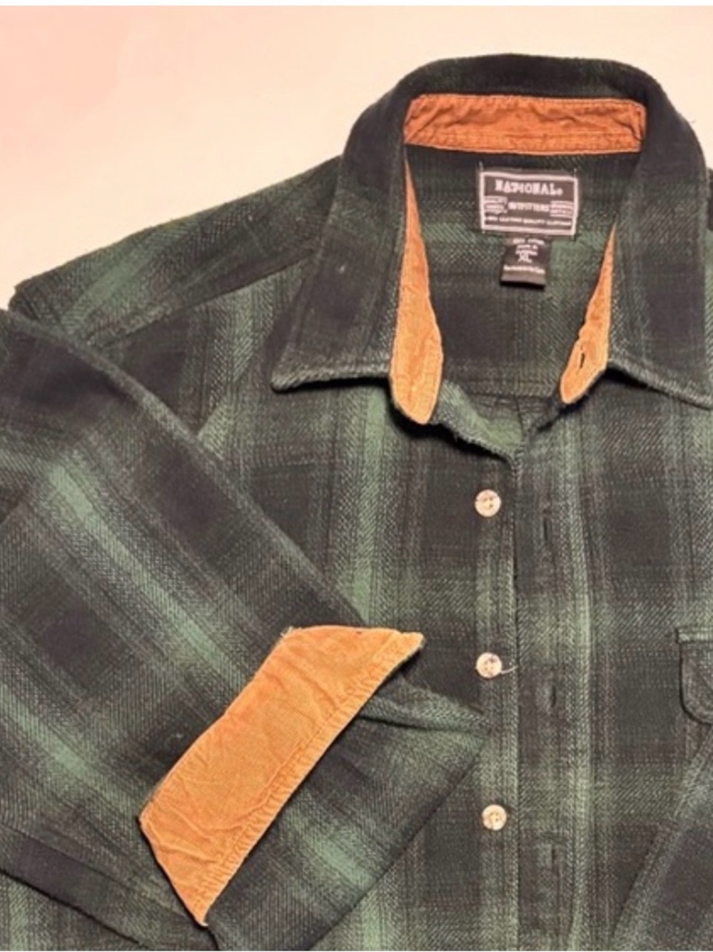 Men's Green Plaid Shirt with Tan Details